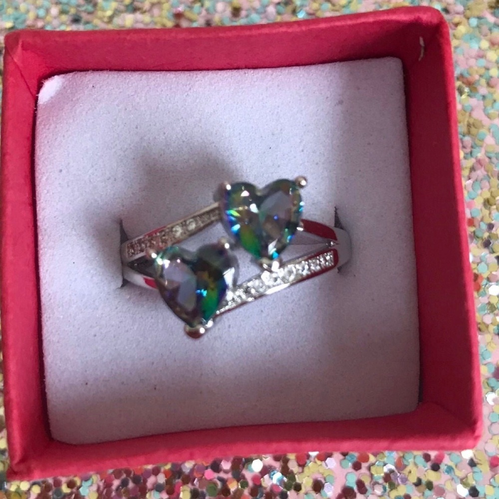 Double heart mystic topaz ring